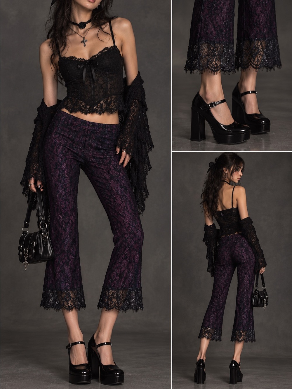 Vintage Silk Lace Capri Pants Purple Black 90s Dark Romantic Y2K Goth Indie